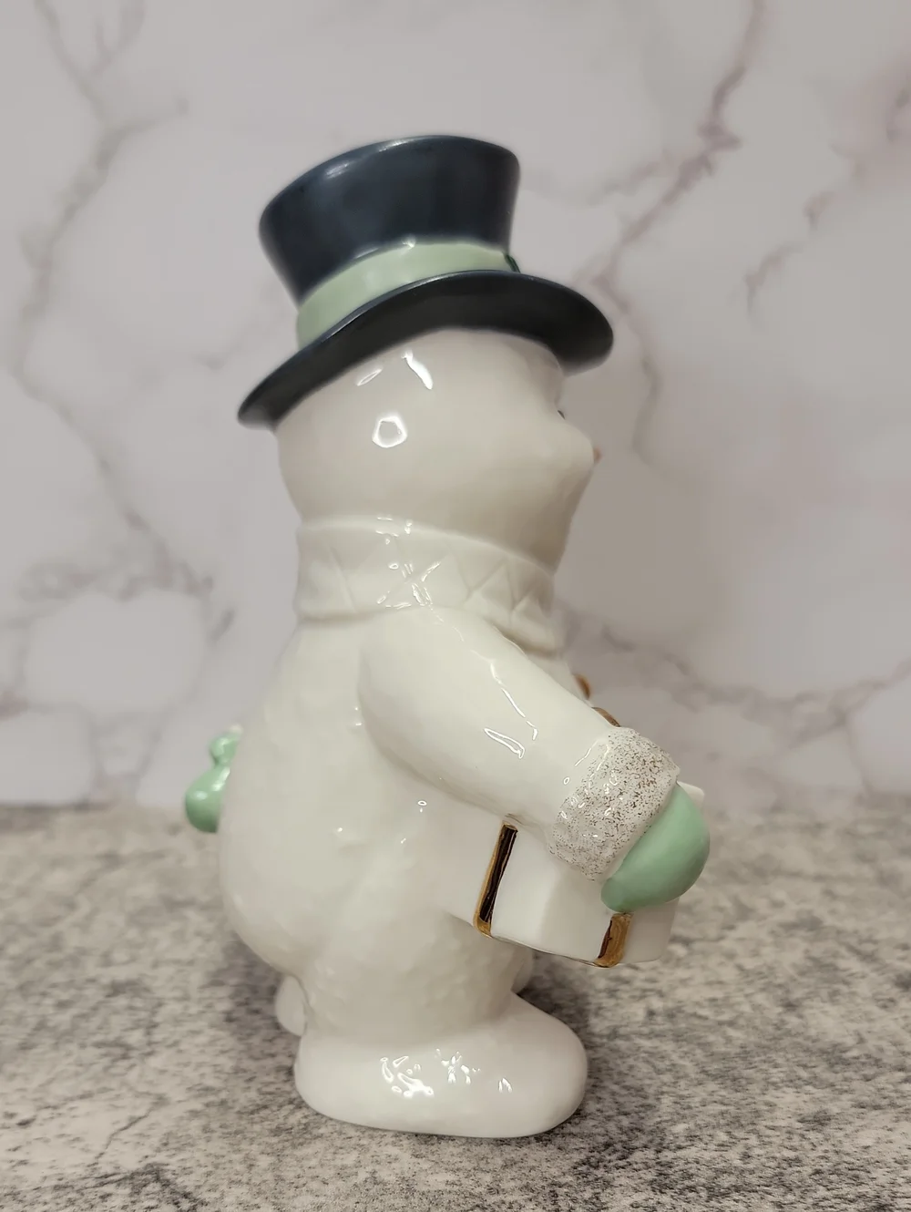 Lenox Frosty Snowman Figurine With Blue / Gray Hat Gold Trim Holding Present